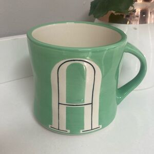 Anthropologie Hand Painted Monogram A Mug Green White MINT